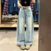 Jeans Retro Americano Desgastado com Perna Curva Perna Larga Feminino Tamanho Plus Cintura Alta Solto Emagrecimento Comprimento Total Bordado Calça de Perna Reta