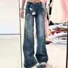 Jeans de estilo retro americano de talla grande hasta el suelo para mujeres de talla grande con diseño plisado, pantalones de pierna ancha ligeramente acampanados de cintura alta de pierna recta tipo campana