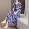 Camisola de Algodão e Seda para Mãe, Tamanho Grande, Caimento Solto, Vestido de Viscose para Meia-Idade e Idosos, Manga Curta com Bolsos, Roupa de Casa