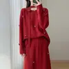 Conjunto de Dos Piezas de Vestido y Falda de Lana para Mujer Otoño 2025 Decoración de Flores Transfronteriza Suéter de Punto de Cuello Redondo