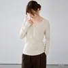 Suéter de lino estilo francés con cuello henley para mujer, camisa base texturizada de otoño con media botonadura, camiseta de manga larga a la moda para ir al trabajo