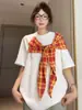 Camiseta Xadrez Retro Americana com Laço Manga Curta Design de Verão Masculino Nicho Estilo Preguiçoso Solto Top de Meia Manga