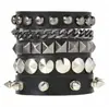 Pulseira de Couro Preta com Decoração de Caveira Punk e Rebites de Estrela, Design de Corrente, Pulseira Ajustável para Homens e Mulheres