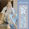 Pijama de Encaje de Alta Gama para Mujer con Pantalones Cortos, Cardigan Fino de Primavera, Otoño y Verano, Traje Sencillo Retro Verde para el Hogar