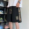 Shorts Patchwork com Bordado de Urso Estilo Chinês Masculino de Verão Finos Estilo Chinês Retos Largos Casuais Esportivos