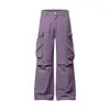 Pantalones de Nylon Plegados de Bolsillo Estilo Americano Unisex con Cordón Paracaídas Acampanados Modernos Ropa de Trabajo Pantalones Casuales