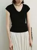 Camiseta de manga corta de tacto frío y fibra fina con cuello UV, camiseta de punto de corte ajustado, adelgazante, fina, fresca, para mujer