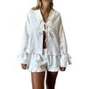 Comércio Exterior Transfronteiriço Primavera e Verão 2026 Europeu e Americano Roupas Femininas Algodão e Linho Camisa com Cadarço e Shorts Conjunto Casual de Duas Peças