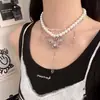 Collar de Cadena para Clavícula Doble Capa Perla Borla Mariposa Rosa Dulce Super Hada para Mujer Tendencia de Lujo Ligero de Gama Alta