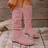 Comercio Exterior Otoño e Invierno Nuevas Botas de Gamuza para Mujer de Suela Plana Hasta la Pantorrilla con Cremallera Lateral Punta Redonda Cálidas Adelgazantes Estilo Europeo y Americano Botas para Mujer