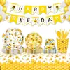 Mm277 Miel de Abeja Panal Crisantemo Vajilla Festiva para 8 Personas Juego de 4 Piezas de Platos de Papel y Servilletas de Papel