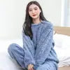 Pijama de Veludo Coral para Mulheres no Outono e Inverno Forrado com Fleece e Espessado Jacquard Manga Longa Roupa de Casa Feminina Conjunto Quente Solto de Duas Peças