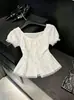 2026 Nueva Camisa de Gasa Estilo Coreano Manga Corta Conjunto para Mujer Cuello Cuadrado Manga Abullonada Camisa Adelgazante Puro Deseo Absolutamente Hermoso Top