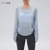 Verão Fino Proteção Solar Blusa Nova Yoga Transparente Modeladora Bainha Elegante Cordão Manga Longa Solta Top Camiseta