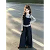 Conjunto de estilo coreano para niña 2026 otoño nuevo estilo, elegante conjunto falso de dos piezas para niños mayores, conjunto de dos piezas con top estampado floral y pantalones de pierna ancha