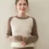 Nuevo Suéter de Cachemira de Color Contrastante Otoño e Invierno 2025 Suéter de Punto Básico para Mujer con Mangas Largas Suéter Cálido de Cachemira