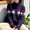 26 Cardigã Feminino Tricô Jacquard Bordado Coração Atmosfera de Primavera Estilo Coreano Gola Alta Contraste Vintage Suéter Simples