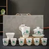 Juego de té de jade graso de oveja, traje con logo impreso para enviar a clientes, tazón de cubierta de cerámica, taza de té, caja de regalo, regalo para la reunión anual, regalo para acompañante