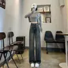 Calças Femininas de Perna Larga Estreita Primavera e Outono 2024 Novas Cintura Alta Soltas Emagrecedoras Desgastadas Jeans de Perna Reta Explosivo