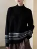 Suéter de malha de gola alta meia-manga comprida estilo Fair Isle de alta qualidade transfronteiriço europeu e americano para mulheres, novo suéter outonal solto e macio