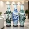 Jarrón de suelo grande azul y blanco con paisaje de Jingdezhen, una pieza decorativa para la sala de estar o ceremonia de inauguración, jarrón de exhibición grande de cerámica personalizable