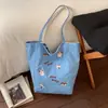 Bolso de Lona Nuevo Bordado de Perrito Cereza, Bolso de Hombro Rayado Doble Cara Simple y Versátil, Bolso Tote de Moda de Nicho para Mujeres