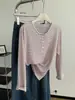 Camiseta de Manga Larga Rayada Fina de Tencel para Mujer, Otoño 2026, Caída, Casual, Adelgazante, Versátil, Cuello Redondo Abotonado, Camiseta Básica