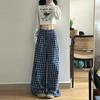Estilo coreano Retro Azul Xadrez Calças de Perna Larga Mulheres Verão Fino Estilo Preguiçoso Casual Cintura Alta Calças Longas Soltas