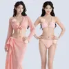 Traje de Banho Casual para Férias Feminino, Conjunto Biquíni de Quatro Peças com Renda Vazada, Novo Modelo 2026, Roupa de Banho para Fotos em Fontes Termais