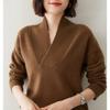 Suéter grueso de color sólido para mujer, otoño e invierno 2024, nuevo, suelto, retro, informal, con cuello en V, prenda de punto con cuello cruzado