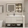 Gabinete de baño integrado con lavabo de cerámica de madera maciza minimalista, combinación de mueble de lavabo independiente para lavar y lavarse las manos en el baño