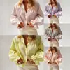 Transfronterizo europeo y americano 2026 nuevo modelo Xiyin comercio exterior ropa de mujer algodón lino cuello camisero manga de campana cuadros botón manga larga camisa