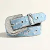 Fivela de Liga de Zinco com Strass Estilo Europeu e Americano Cinto Jeans Y2K Estilo Retrô com Ilhós Azuis Cinto Decorativo Fashion para Mulheres