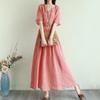 Vestido Longo Artístico Vintage de Cor Sólida com Costura Feminino Solto Emagrecedor com Amarração na Cintura Vestido de Verão Roupas Femininas de Alta Qualidade
