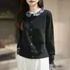 Cardigan de Lã Worsted com Renda, Gola Redonda, Tricotado, Manga Longa, Xadrez com Contraste, Jaqueta Top Feminina, Outono de 2025