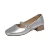 Zapatos Mary Jane Plateados de Tacón Grueso y Punta Cuadrada para Mujer, Nuevo Verano 2026 Versátiles Suaves Estilo de Noche Zapatos Bajos de Piel