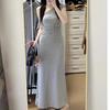 Vestido Curto de Manga Curta Cinza com Bolinhas de Alto Padrão, Ombro Inclinado, Novo Estilo Francês, Cintura Fina, Saia Longa Justa ao Corpo, Hot Girl