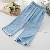 Calças Antimosquito Femininas Verão Finas Jeans Seda Gelada Meninas Pequenas e Médias Casuais Imitação de Jeans Boca de Sino Calças de Roupa Externa
