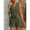 Conjunto de Chaleco y Shorts de Lino Estilo Europeo y Americano Transfronterizo para Primavera/Verano Casual de Oficina Chaleco de Botones Delanteros Cuello V Ropa de Verano