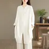 Nueva camisa larga de lino estilo Zen chino para mujer, colección de principios de otoño, estilo tradicional chino, abotonada al frente, chaqueta de algodón y lino de longitud media