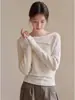 Suéter tejido de un solo hombro color albaricoque suave estilo francés para mujer, diseño de otoño, nicho, adelgazante, top básico de manga larga