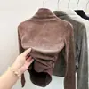 Elegante capa base de terciopelo con pliegues, corte ajustado y teñido tie-dye para mujer, con cuello semi alto, perfecta para otoño e invierno, una camiseta de manga larga de corte ajustado