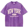 Camiseta de Algodón Lavado con Estampado de Letras New York Brooklyn para Mujer, Cómoda Camiseta de Cuello Redondo Desgastada para Verano