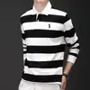 Camiseta Polo de Hombre de Manga Larga Primavera y Otoño Nueva Rayada Solapa Bordada Top Camisa Base Casual Holgada a la Moda