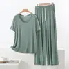 Pijama de Modal para Mujer, Estilo Veraniego Delgado, Tallas Grandes, Manga Corta, Pantalón Largo, Pantalón Casual Holgado de Pierna Ancha, Conjunto para Estar en Casa, Se Puede Usar Afuera