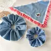 Novo Estilo Azul Denim Laço Camada Dupla Argola de Cabelo Bolsa Cereja Vermelha Faixa de Cabeça Faixa de Cabeça Feriado Doce Beleza Toalha Triângulo