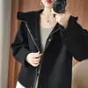 Novo Casaco Curto com Capuz de Lã Pura Dupla Face Feminino Outono-Inverno, Jaqueta Curta de Lã Grossa Estilo Coreano para Mulheres Baixas