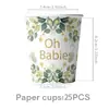 Nuevo juego de platos de papel desechables, vasos de papel y servilletas de papel con tema de hoja de eucalipto para bautizo de bebé de Amazon, junto con un mantel de fiesta, para decoración