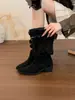 Botas Altas Femininas 2026 Outono Meia-Canela Bico Fino Pregueadas Salto Grosso Estilo Francês Botas de Cavaleiro Cowboy Ocidental Femininas