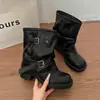 Botas Femininas Super Quentes Bootleg Curtas 2026 Tendência Primavera/Outono Novo Estilo Botas Meia-Panturrilha Franzidas Salto Alto Bloco Emagrecimento Botas de Cavaleiro